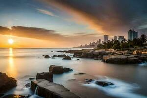 the sun sets over the city skyline in this photo. AI-Generated photo