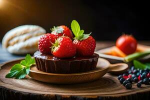 chocolate pastel con fresas y bayas en un de madera lámina. generado por ai foto