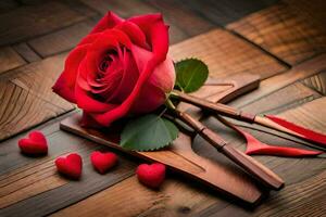 a red rose and two hearts on a wooden table. AI-Generated photo