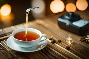un taza de té es vertido dentro un platillo en un de madera mesa. generado por ai foto