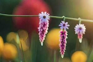 flowers hanging from a wire in a field. AI-Generated photo