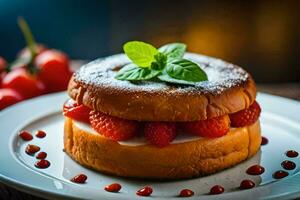 a strawberry cake with cream and strawberries on a plate. AI-Generated photo