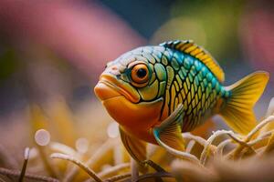 a fish with bright colors is sitting on the ground. AI-Generated photo