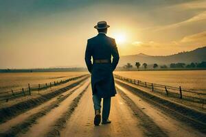 a man in a suit and hat walking down a dirt road. AI-Generated photo