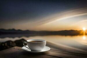 a cup of coffee on a wooden table in front of a lake at sunset. AI-Generated photo