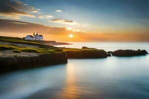 a lighthouse sits on the shore of a body of water at sunset. AI-Generated photo