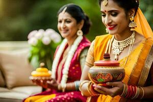 dos mujer en tradicional indio atuendo participación ollas. generado por ai foto