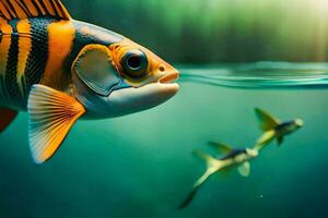 un pescado nadando en el agua con un pescado en el antecedentes. generado por ai foto