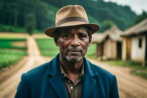 a man in a hat standing in front of a dirt road. AI-Generated photo