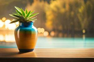 a vase with a plant on a table in front of a lake. AI-Generated photo