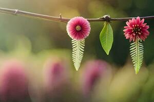 two pink flowers are hanging from a branch. AI-Generated photo