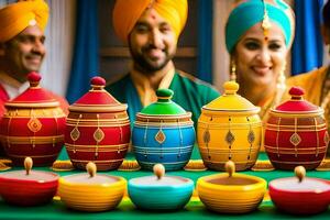 a group of people in colorful turbans and colorful hats. AI-Generated photo
