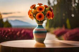 orange flowers in a vase on a table. AI-Generated photo