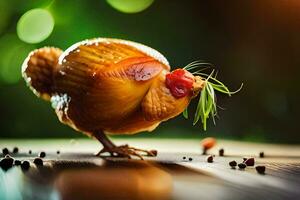 un pollo con un verde cabeza y un verde pico. generado por ai foto