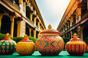 colorful vases on a green table in front of a building. AI-Generated photo