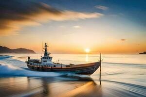 un pescar barco en el Oceano a puesta de sol. generado por ai foto