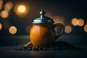 coffee beans on a table with a coffee pot. AI-Generated photo
