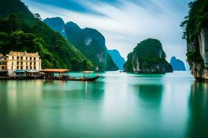 a boat in the water near mountains. AI-Generated photo