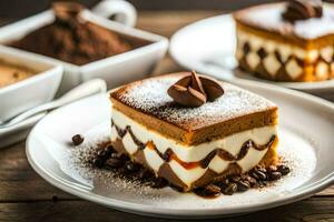 un postre en un plato con café frijoles. generado por ai foto