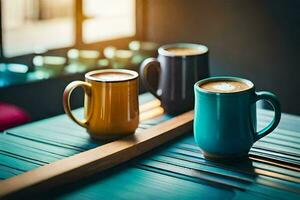 three coffee cups on a table. AI-Generated photo
