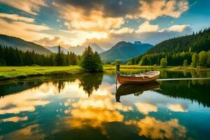 foto fondo de pantalla el cielo, montañas, lago, atardecer, bote, paisaje, el montañas, el. generado por ai