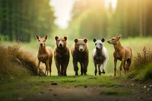 four brown bears and a deer are walking in the woods. AI-Generated photo