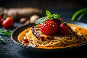 spaghetti with tomato sauce and strawberries on a black plate. AI-Generated photo