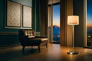 a modern living room with a lamp and chair. AI-Generated photo