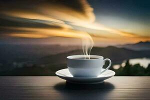 a cup of coffee on a table with a view of the sunset. AI-Generated photo