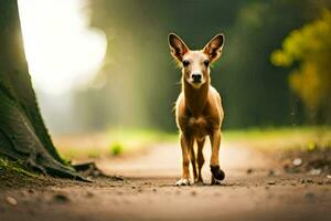 un perro caminando en un suciedad la carretera en el bosque. generado por ai foto