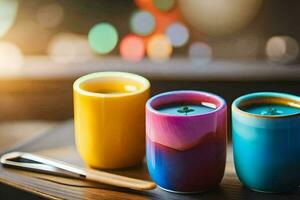three colorful cups with a spoon on a table. AI-Generated photo