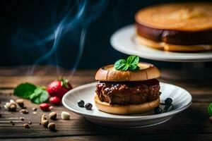 a hamburger on a plate with a cake. AI-Generated photo