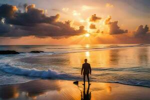 un hombre soportes en el playa a puesta de sol. generado por ai foto