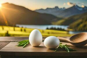 eggs on a wooden board with a lake in the background. AI-Generated photo