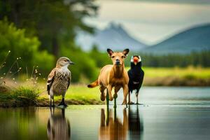 dos aves y un perro en pie en el agua. generado por ai foto