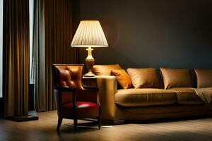 a leather couch and lamp in a dark room. AI-Generated photo