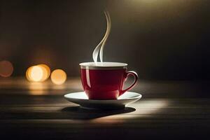 un rojo taza de café en un de madera mesa. generado por ai foto