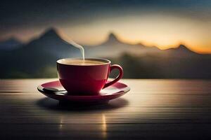 un taza de café en un mesa con montañas en el antecedentes. generado por ai foto