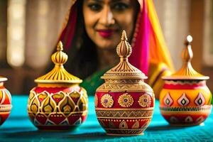 a woman in sari standing next to colorful pots. AI-Generated photo