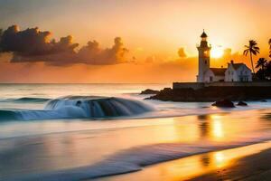 un faro se sienta en el playa a puesta de sol. generado por ai foto