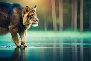 a lion standing in the water with its head down. AI-Generated photo