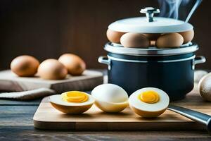 a pan with eggs and a knife on a cutting board. AI-Generated photo