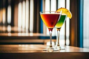 two colorful cocktails sit on a wooden table. AI-Generated photo