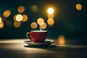 a red cup of coffee on a table with bokeh lights. AI-Generated photo