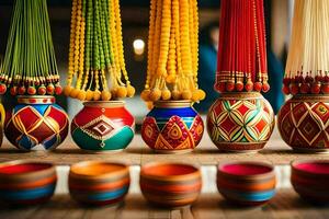 colorful vases with colorful designs on them. AI-Generated photo