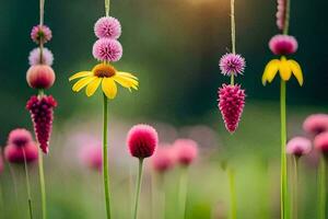 flores colgando desde un cuerda en un campo. generado por ai foto