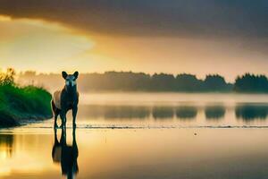 un caballo en pie en el agua a puesta de sol. generado por ai foto