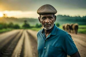 a man standing on a dirt road with elephants in the background. AI-Generated photo