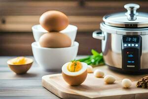 an electric pressure cooker with eggs and an egg timer. AI-Generated photo