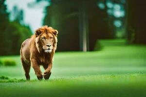 a lion walking across a green field. AI-Generated photo